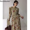 Nomikuma Flower Pattern Vintage Robe Femmes O Cou À Manches Longues Une Ligne Robes Slim Taille Élégante Robes Femme 3e142 210514