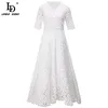 Piste Designer été bohème élégant blanc évider longues robes femmes col en v vacances mode robe de soirée 210522