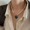 Luxury designer Jewelry Retro Baroque Irregular Natural Pearl Necklaces for Women Blue Green Color Glass Heart Pendant Chokers Necklace Wedding