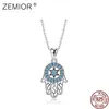 ZEMIOR Genuine 925 Sterling Silver Trendy Fatima's Lucky Hand Pendant Necklaces Shiny Blue CZ Necklace For Women Jewelry 210721