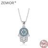 Zemior Echt 925 Sterling Zilver Trendy Fatima's Lucky Hand Hanger Kettingen Glanzend Blauw CZ Ketting voor Dames Sieraden 210721