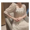 Vestido de verão francês mulheres branco puff manga estilo coreano vestido de fada renda chiffon japão estilo kawaii elegante vestido vintage 210323