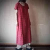 Johnature Summer Red Plaid Retro Klänning Vintage O-Neck Linne Kortärmad Plus Storlek Kvinnor Lös Casual Dress 210521