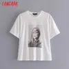 T-shirt da donna in cotone bianco con stampa Tangada per l'estate T-shirt a maniche corte con scollo a V da donna T-shirt casual da donna Top 4D6 210609