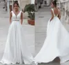 V-neck A-line Sequin Belt White Satin Simple Style Wedding Dress with Pocket Button Down Bridal Gown robe de mariee boheme vestido noiva curto