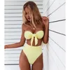 Summer Bandeau Bikini Swimsuit Women High Waist Bikini Set Knotted Swimwear Female Ribbed Bathing Suit Brazilian Biquini 210318