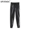 Kpytomoaの女性のファッションサイドポケットファックスレザージョギングパンツヴィンテージ高弾性ウエストドローストリング女性足首ズボンムヤー211124