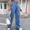 Button Fly Solid Wide Leg Jeans Women Spring Summer Big Pocket Denim Pants Casual Street Ladies High Waist 210510