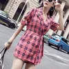 Dames Set Notch Collar Shirt Shorts Plaid Twee stukken Draai Blue Red T0132 210514