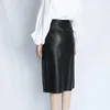 Skirts Autumn Winter Women' Black Leather Skirt Asymmetrical Design Loop Buckle Belt Sheepskin Midskirt Female Fashion