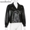 Slå ner Collar Long Women Zipper Chic PU Motorcykel Jackor Puff Sleeve Svart Faux Läder Casual Toppar 210604