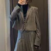 Giacche scozzesi grigie da donna vintage Giacche da ufficio moda da donna con colletto dentellato Streetwear Cappotti corti chic femminili 210430