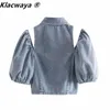 Women Spring Summer Wear Retro Hong Kong Style Lapel Single-Breasted Off-Shoulder Denim Shirt 210521