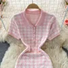 Autumn new design women's turn down collar houndstooth plaid gird short sleeve knitted bodycon tunic short pencil dress