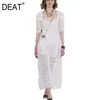 [DEAT] Kurzarm wasserlösliche Spitze aushöhlen Mall Goth Y2k Kleidung solide weiße Maxikleider für Frauen Frühling GX188 210428
