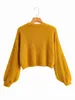 knitted cropped pullover sweater women autumn winter vintage lantern sleeve yellow fuzzy short jumper fluffy pull 210427