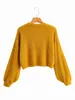 Stickad Beskuren Pullover Tröja Kvinnor Höst Vinter Vintage Lantern Sleeve Yellow Fuzzy Short Jumper Fluffy Pull 210427