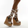 サンダル2021 LTALIAN ROPE WEDGES WOMENS'S HEID HEID HEID HEIS ANKLE STRAPS PEEP TOES TICK BOTTOR