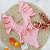 Dames badkleding zomer vintage retro een stuk badpak 2021 schouder ruche vrouwen riem hoge taille beachwear Monokini roze