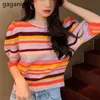 Gaganight Women Cropped Stickad Sweater Spring Half Sleeve O-Neck Pullover Toppar All-Match Striped Ladies Jumper Pull Femme 210519