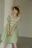 Vintage grön bomull fyrkantig nacke tunika klänning kvinnor puff ärm passform och flare kort koreansk sommar 210427