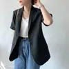 Elegante Baumwollleinen weißer Blazer für Frauen gekerbte Kurzarm Solide minimalistische Blazer Weibliche Chic Sommerjacken 210601