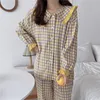 Piżama damska miękka bawełna do domu nosić jesień zima pijama spodnie kobiece garnitur lapel kratę piżamy zestaw sleepwear 210525