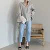 Autumn Korean Chic Fashion Loose Back Split Bell Sleeve Shirt Simple Solid OL Long Blouse Chemisier Femme 10295 210518