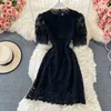 Blue/Pink/White Hollow Out Dress Women Vintage Short Sleeve Round Neck A-Line Lace High Waist Mini Vestidos Female Summer 2021 Y0603