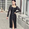 Spring Elegant Temperament Lace Dress Square Collar Long Sleeve High Waist Single Breasted Office Lady Bodycon Vestidos 210519