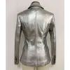 HIGH STREET est Baroque Fashion Designer Jacket Women's Lion Metal Buttons Faux Silver Leather Blazer Outer Coat 210521