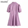 Women Sweet A Line Mini Dresses PU Faux Leather Puff Sleeve Turn Down Collar Elegant Solid Robe Femme 210508