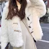 가짜 모피 코트 두꺼운 플러시 재킷 여성 탑스 옷깃 호른 버클 한국어 버전 가을 겨울 여성 양고기 플러스 사이즈 숙녀 210526