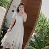 Lato Francuski Vintage White Dress Kobiety Szyfonowa Kwadratowa Kołnierz Elegancki Haft Wróżki Koronki Sukienka Koreański 210521