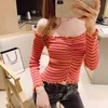 Women Knitted Crop Tops Bottom Shirt Pullover Spring Long Sleeve Female Casual Off Shoulder Striped Knitting T-Shirts Crops 210423