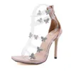 Women Square Toe High Heel Sandals Party Shoes Three Color Clear Acrylic Butterfly Design 2021 womens shoes Y0721