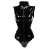 EST Siyah Kasık Fermuar Kolsuz Seksi Spandex Bodysuit Deri Lateks Catsuit PVC Tulum Kadınlar Kısa PU Clubwear Kadın Tulumlar Rompo