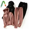 Adherebling Frau Samt Trainingsanzug Set Hoodie Kordelzug Sweatshirt Tops + Lange Hosen Weibliche Casual Outwear 2 Stück 220315