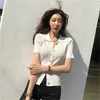 Estate coreano lavorato a maglia monopetto magliette top donna manica corta colletto rovesciato solido sottile moda elegante tees 210513