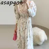 Korea chic elegant ronde hals geometrische print jurk vrouwen lace-up taille over knie midden lengte lantaarn mouw jurk retro vestido 210610