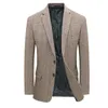 Man Wool Tweed Blazer Plaid Woolen Fabric Jacket Suit Navy Blue Camel Gray Costumn Homme Notched Collar Cuff Button Design Coats 220310