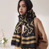 Bow Ties 2021 Imitation Cashmere Scarf Female Autumn Winter Warm Printing Champagne Gold Elegant Celebrity Shawl