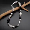 YYGEM Natural Freshwater Cultured Pearl White Keshi Black Onyx Round Halsband 21 "Mode för kvinnor