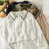 Mulheres Blusas Camisas Neploe Mulheres Tops Slim Fit Single Breasted Blusas de Mujer 2021 Coreano Elegante Curto Branco Branco Roupas 27A216