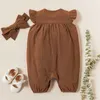 Baby / peuter Solid Floral Flutter-sleeve Bodysuit en Hoofdband Set 211011