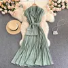 Neploe Temperament Mature Dress Women High Waist Hip Pleat Design A Line Vestidos Turn Down Collar Short Sleeve Robe Summer X0705