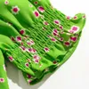 أزياء عطلة سبليت المرأة اللباس الصيف فرنسا الوردي الأزهار طباعة الأخضر vestido أنيقة قصيرة الأكمام فساتين 210520