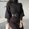 Nomikuma Elegante Rollkragen Frauen Pullover Kleid Laterne Langarm Koreanische Gürtel Schlanke Taille Gestrickte Meerjungfrau Kleider Vestido 6D684 210427