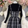 Frühling 2 Stück Frauen Set Chic Button Plaid Muster Kordelzug Schlanke Taille Camis Kleid Gestrickte Pullover Französisch Stil Anzug 210422