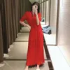 VUWWYV robes été femme rouge en mousseline de soie froncé longue robe femmes mode à manches courtes fête Vestido taille élastique boutons 210430